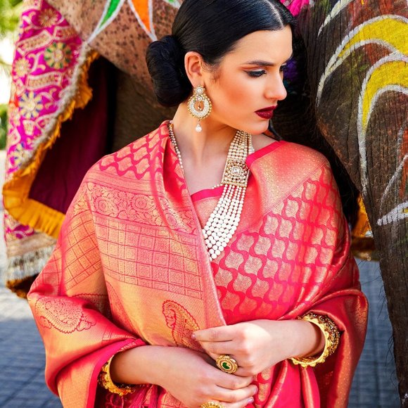 JHEAPS HOT PINK GOLD HANDLOOM SOFT SILK KANJIVARAM WOVEN  SILK SAREE - Picture 2 of 7